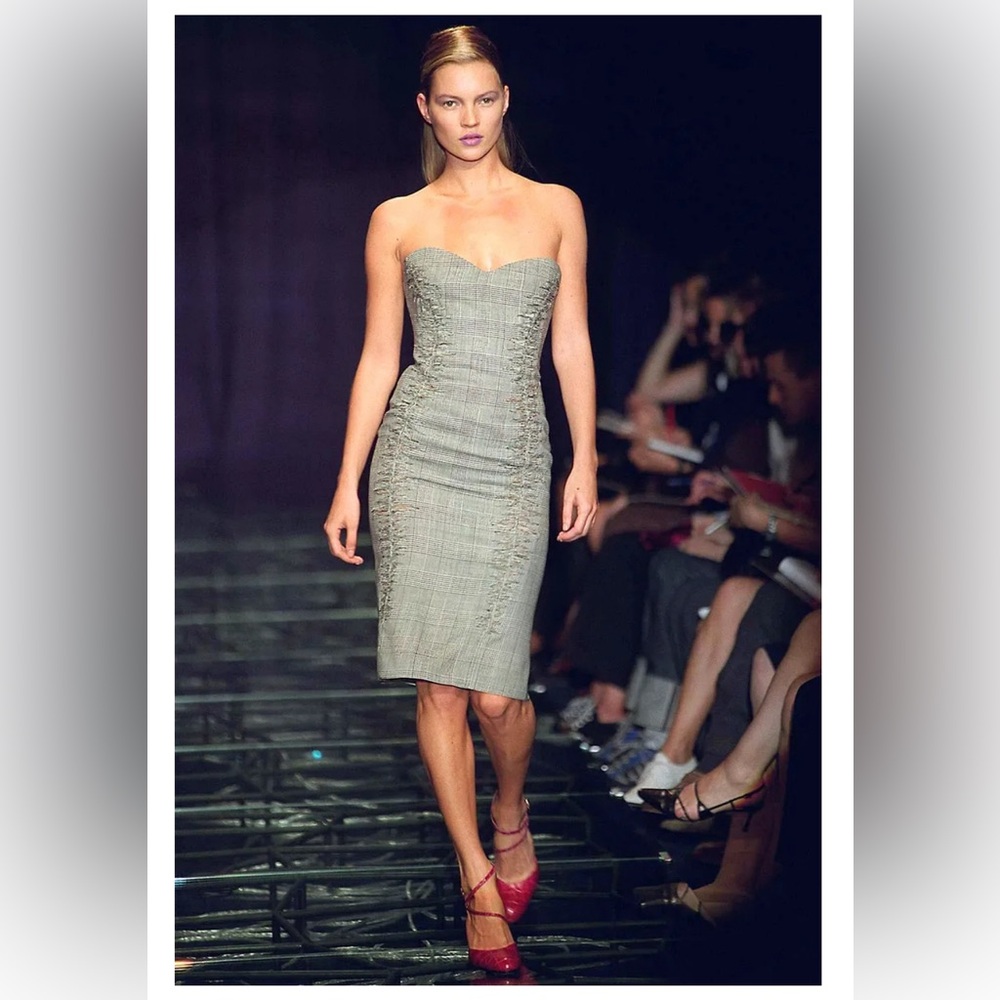 S/S 1998 DOCUMENTED VERSACE STRAPLESS DRESS IN DISTRESSED HOUNDSTOOTH PLAID